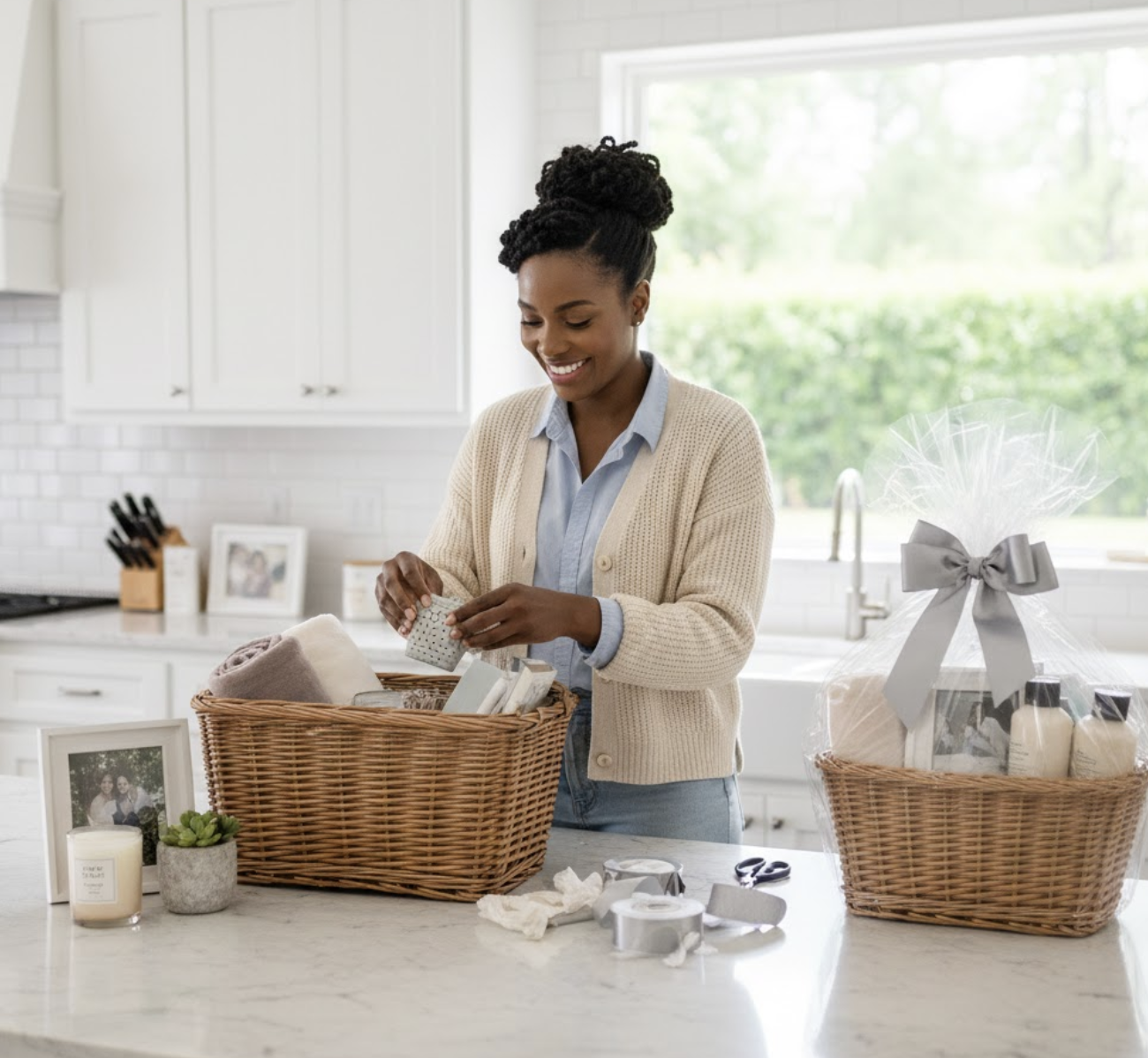 Assembling baskets at kitchen counter